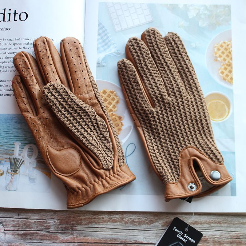 Touch Screen Gloves - ถุงมือขับรถหนังแท้คุณภาพสูงสำหรับผู้ชาย กันลื่น รองรับการสัมผัสหน้าจอ ถักทอจากหนังแกะ ระบายอากาศได้ดี เหมาะสำหรับขี่มอเตอร์ไซค์