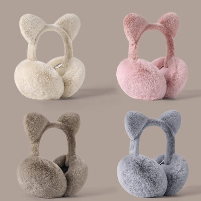 Earmuffs Foldable - ที่ปิดหูแบบพับได้รูปหูแมว ผ้าพลัฌอุ่นๆ ป้องกันลม สำหรับผู้หญิง ใช้ได้ในฤดูหนาว เหมาะสำหรับขี่จักรยาน